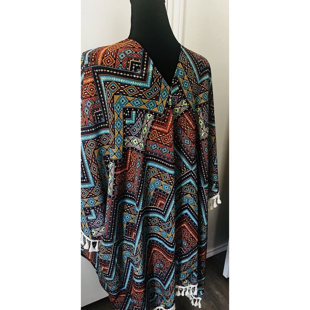 Orange Creek Tasseled Fringed Trim‎ Open Front Flowy Kimono Multicolor Large - Picture 5 of 7